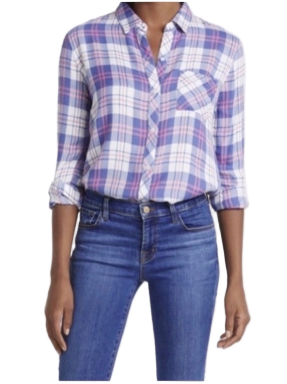 Revolve Brand RAILS Ladies Watermelon Coast Plaid Button-Down Rayon Shirt SMALL